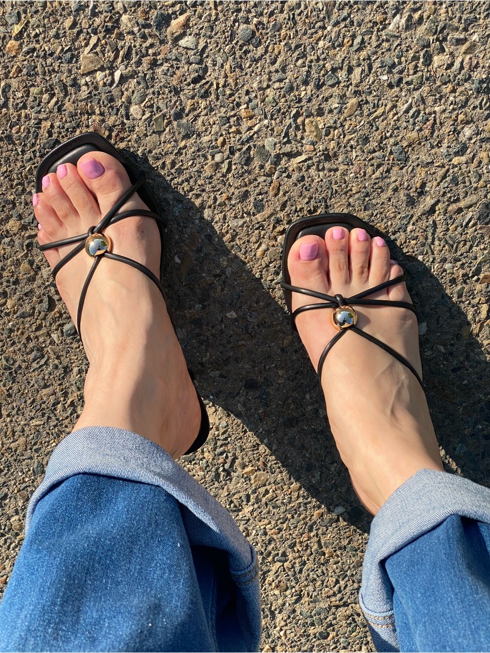 TOP Moda Black Strappy Square-Toe Sandals with Gold Accent